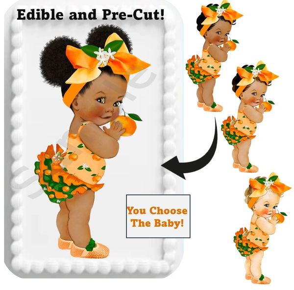 Little Cutie Baby Girl Edible Cake Toppers! Colors are orange green. Printed on frosting paper and comes already cut! Gender Reveal Party!