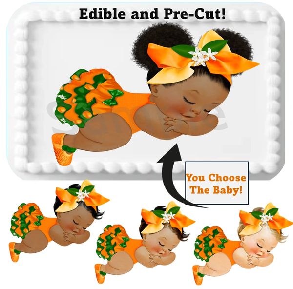 Sleeping Little Cutie Baby Girl Edible Cake Toppers! Colors are orange green. Printed on frosting paper and comes already cut! Shower gender reveal