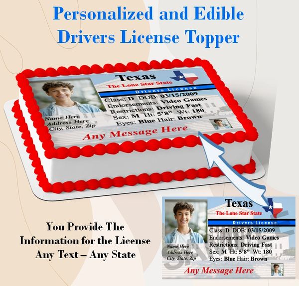 Drivers License Edible Topper Image Cupcakes, Any State Personalized Drivers License, Sweet Sixteen License, Drivers License Cake, sugar