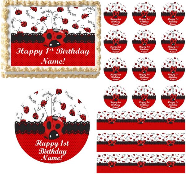 Red and Black LITTLE LADYBUG 1st Birthday Edible Cake Topper Image Frosting Sheet