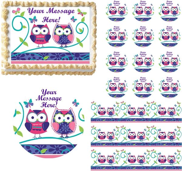 Cute PATCHWORK OWLS Edible Cake Topper Image Frosting Sheet