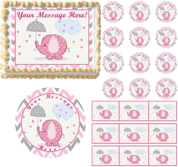 Adorable Chevron PINK ELEPHANT HEARTS Baby Shower Edible Cake Topper Image Frosting Sheet