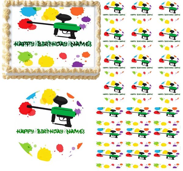 Paintball Splatter Paintball Gun Edible Cake Topper Image Frosting Sheet