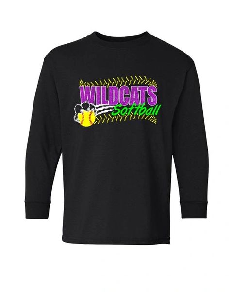 Wildcats Softball Youth Cotton Long Sleeve T -Rhinestone & Glitter