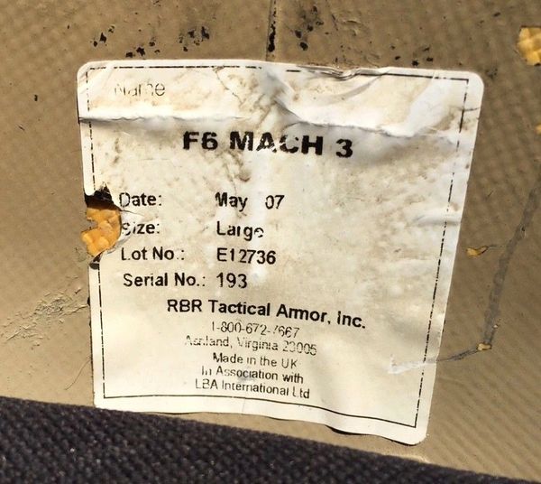 RBR TACTICAL Armor F6 Mach 3 HELMET Constructed 2007 Special Forces ...