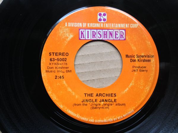 ARCHIES (The) (7"/45 rpm) Jingle Jangle/Justine. Kirshner 63-5002, 1969, VG