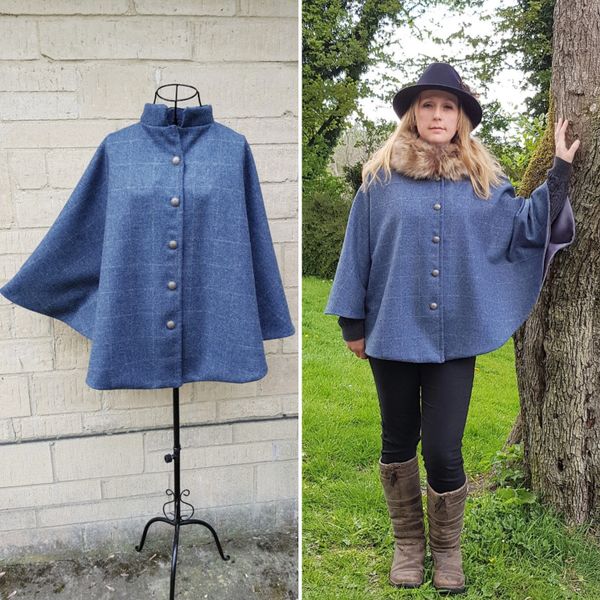Beautiful Tweed cape jacket blue and grey with grey satin. perfect for ...
