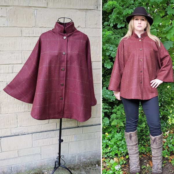Beautiful Tweed cape jacket burgundy green with over check with black ...