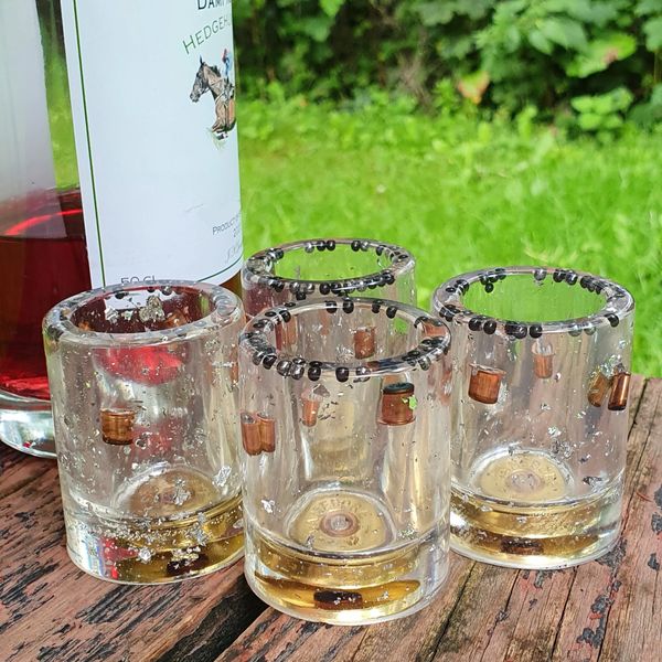 Shotgun cartridge shot glasses. Comes boxed COUNTRY CRAFTY DESIGNS