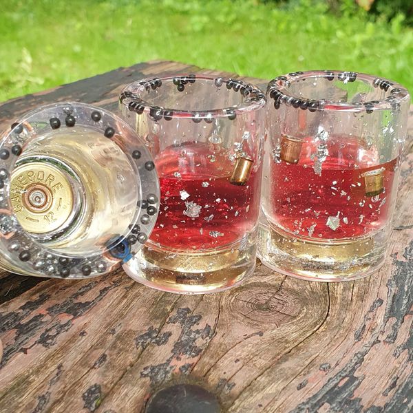 Shotgun cartridge shot glasses. Comes boxed COUNTRY CRAFTY DESIGNS