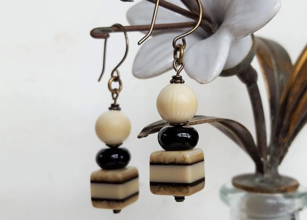 Black and Cream Cube and Ball Earrings, vintage