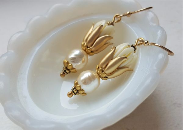 Carved Tulip and Pearl Drop Earrings