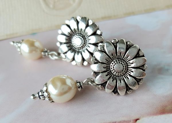 Silver Sunflower and Pearl Earrings