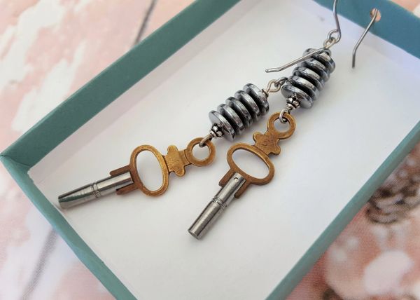Vintage Pocket Watch Key Earrings