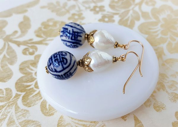 The CONNIE- Chinoiserie Porcelain and Baroque Pearl Earring