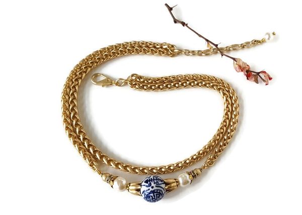 MAURA- Double Strand, matte satin gold Chinoiserie Necklace