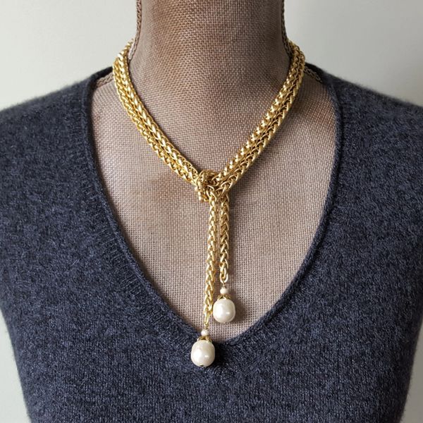 The Long Chunky Gold Wrap Necklace, Baroque Pearl