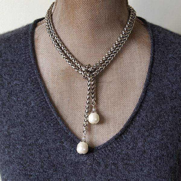 The Long Chunky Silver Wrap Necklace, Baroque Pearl