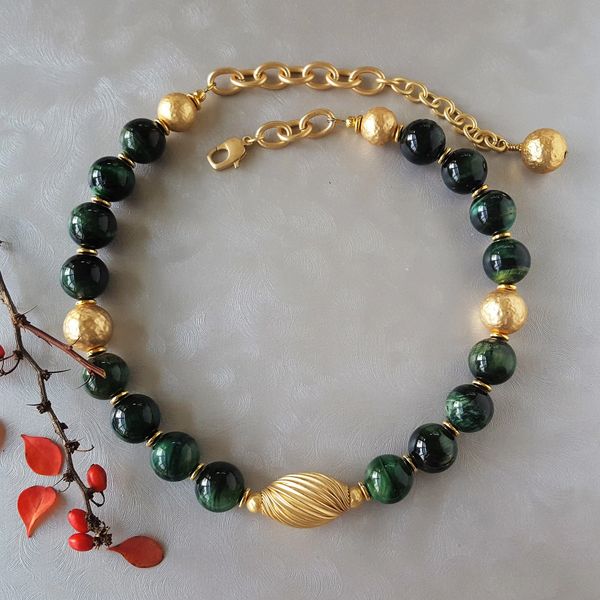 LAURINDA - Malachite and Gold Beaded Necklace