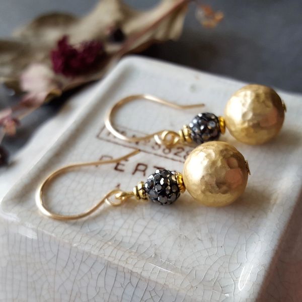 DIANA - Hematite Pave Gold Ball Earrings