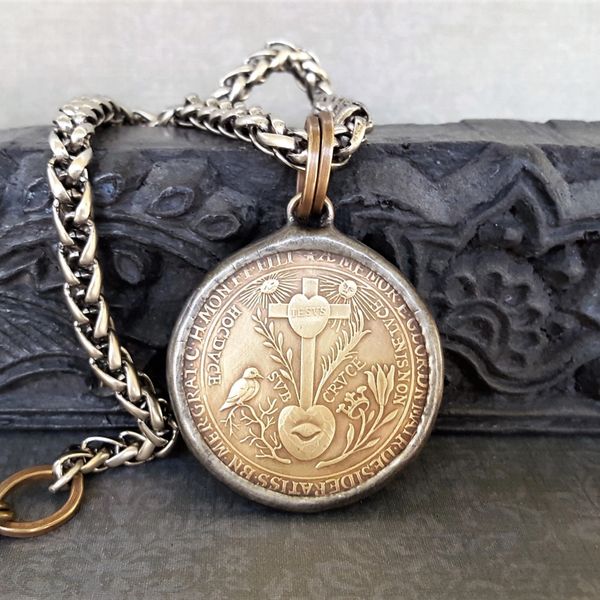 SACRED HEART - Coin Necklace, Gold on Silver