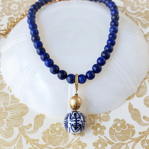ESTELLE - Lapis Necklace with Chinoiserie