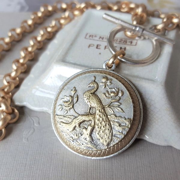 The PEACOCK - Antique Picture Button Necklace