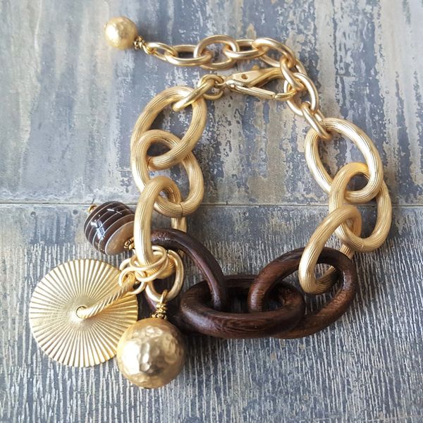 TAMARA - Wood and Gold Link Chunky Bracelet
