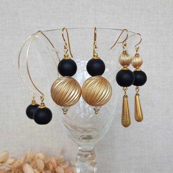 Black Onyx and Gold Ball Earrings