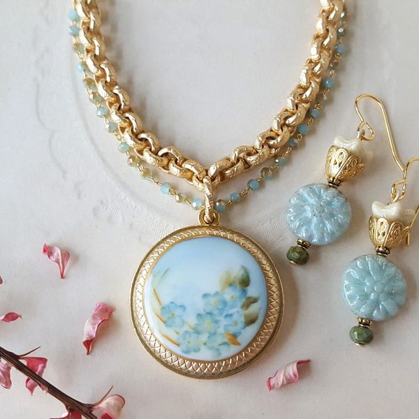 AMELIA - Aqua Blue Porcelain Button Necklace