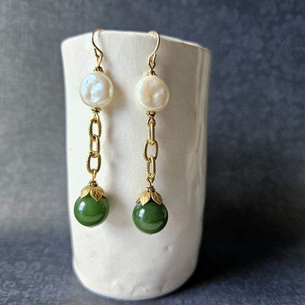 JANINE - Vintage Pearl and Jade Earrings