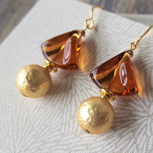 CASSIE - Amber and Gold Ball Earrings