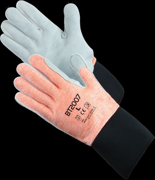 BT2007 TASK GLOVES Blade Task - Aramid sewn with Split Cowhide on palm and fingers, long knit wrist, ANSI A4, size S-XXL