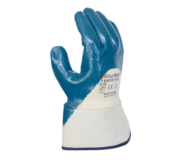 TSK2013 Heavy weight Blue Nitrile Palm and Knuckle coated, Smooth finish, Cotton Lined, 2 1/2" plasticized safety cuff M-XL SOLD BY THE DOZEN 6 DZ PER CASE