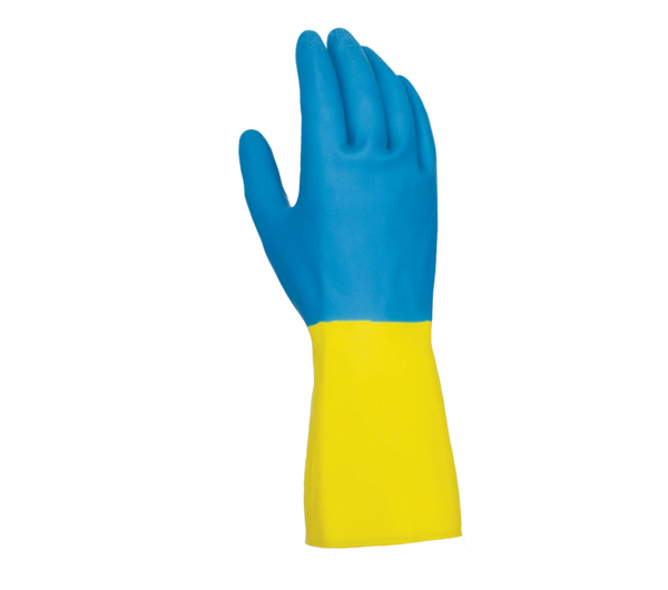 CH5128-13 28 Mil Blue Neoprene Over Yellow Latex, Embossed Pattern Grip, Flock Lined, 13" Length S-2XL