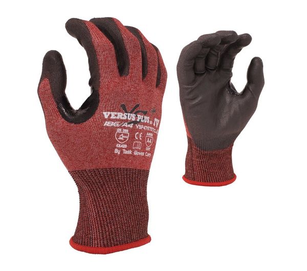 VSP47670TC TASK GLOVES Versus Plus® - 18 Gauge Red Falstone Fiber shell, Black Polyurethane Palm coated, Reinforced Nitrile Thumb Saddle, ANSI A4, Touchscreen compatible S-2XL SOLD BY THE DOZEN