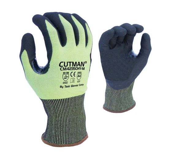 CM42350HY TASK GLOVES CUTMAN® - 18 Gauge Hi-Vis Yellow HDPE shell, Black Super-Foam Nitrile Palm coated, Reinforced Thumb Saddle, Touchscreen compatible. ANSI A4, S-2XL