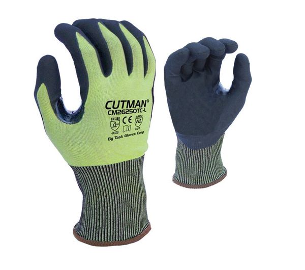 CM26250TC TASK GLOVES CUTMAN® - 18 Gauge Hi-Vis HDPE shell, Black Polyurethane palm coated, Reinforced Thumb Saddle, Touchscreen compatible, ANSI A2, S-2XL