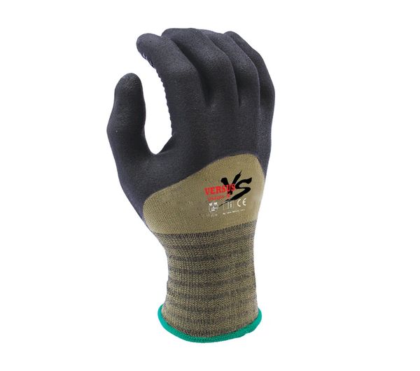 VERSUS® - 15 Gauge Camo Green Hi-Elasticity Nylon shell, Black Micro-Foam Nitrile 3/4 coated with Nitrile dots. XS-2XL