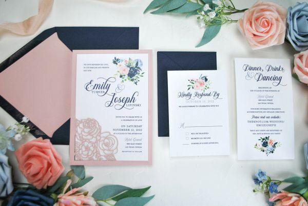 Navy Blue, Dusty Rose Laser Cut Wedding Invitation, Navy Floral Laser Cut  Invitation, Blush Wedding, Mauve