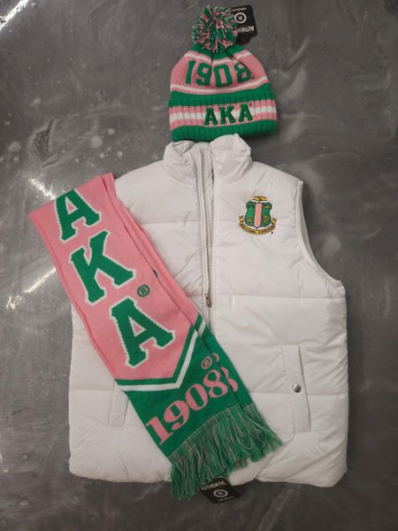 Alpha Kappa Alpha WHITE Puffy Vest w Embroidered Crest Sorority Greek apparel and accessories