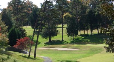 golf hole with a bunker surrounded by trees in the background