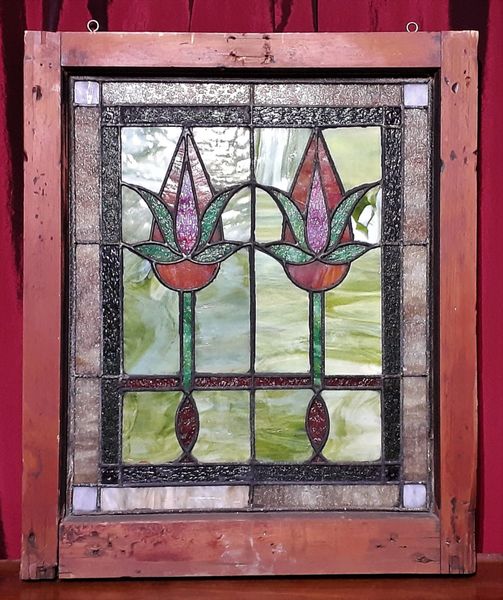 Antique 72 Piece 10s Art Nouveau Twin Tulip Stained Glass Renew Antiques