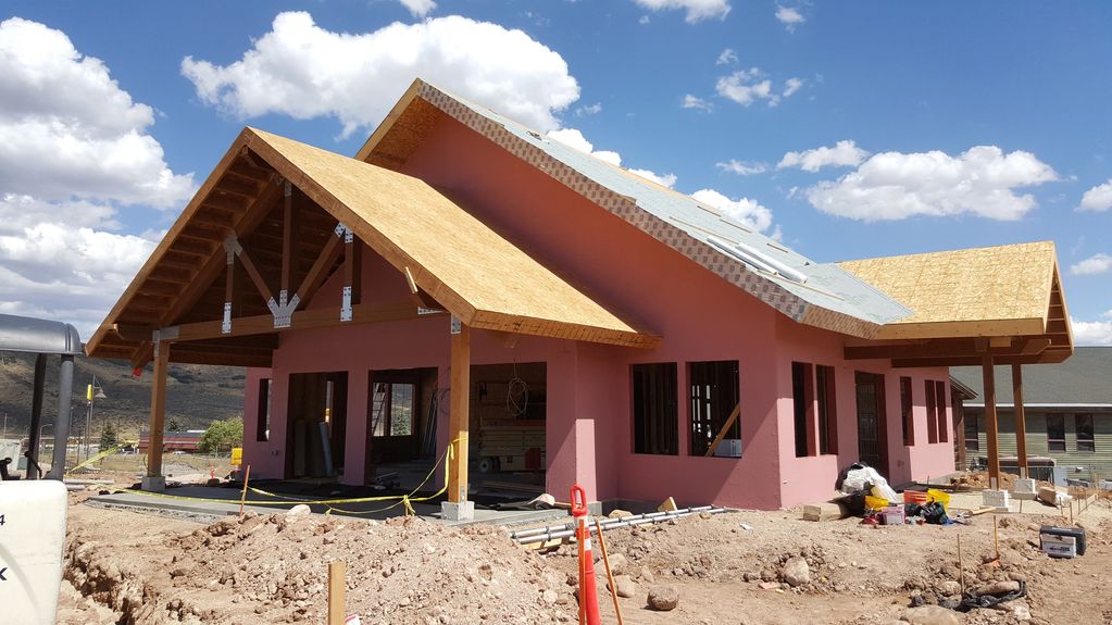 Liquid applied Air Barrier on exterior walls of building.