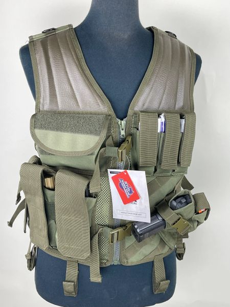 Fox Tactical Assault Cross Draw Vest OD Green M-XL Adjustable w/Holster NEW