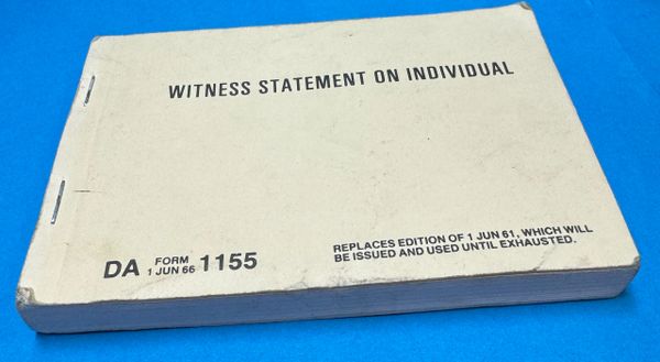 US MILITARY BOOKLET | WITNESS STATEMENT ON INDIVIDUAL | DA FORM 1155 | JUNE 1966