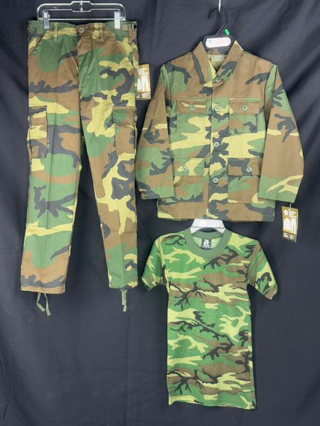 Kid's 3PC Army Uniform Woodland Camo T-Shirt, Coat & Pants BDU Set Med(12) NEW