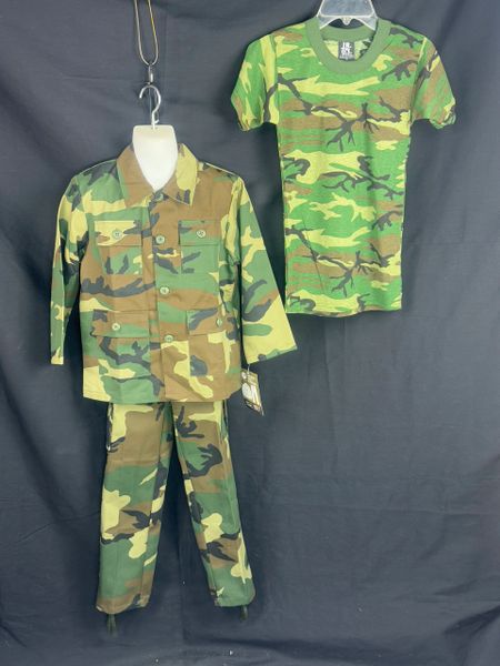 Kid's 3PC Army Uniform Woodland Camo T-Shirt, Coat & Pants BDU Set Med(sz10) NEW