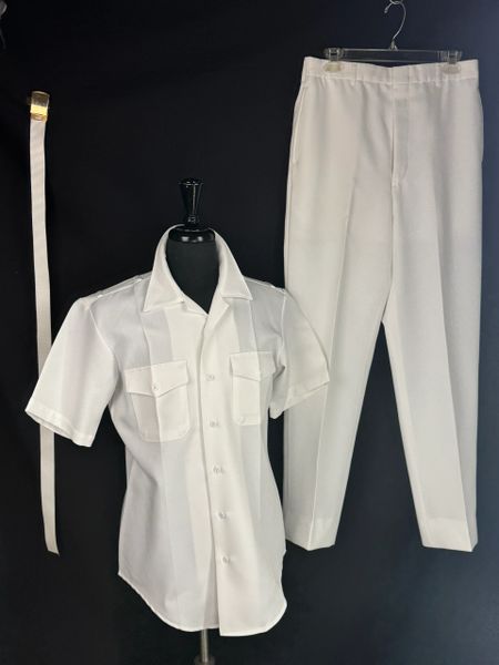 USN Male Officer Service Summer White Uniform | 3PC Set - Shirt, Pants, Belt | Med EUC