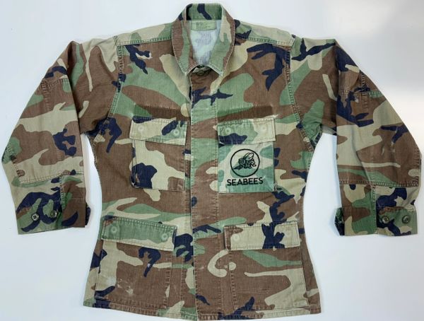 USGI Woodland Camo BDU Shirt W/USN SEABEES Emblem | Small Short | Used